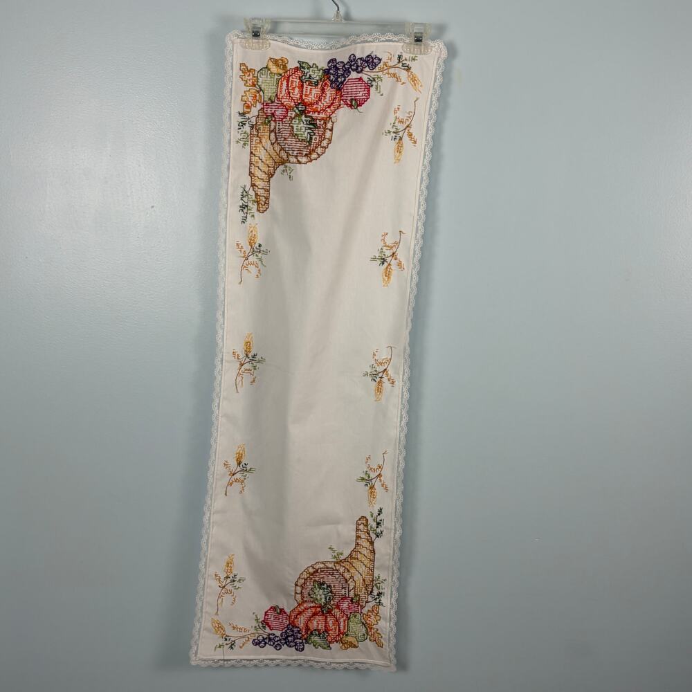 Thanksgiving crosstitch cornucopia table runner fall decor vintage handmade 70s